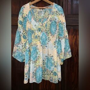 Spense Teal and Yellow Patterned‎ Blouse